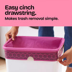 Hands pulling a pink drawstring bag over the rim of a rectangular bin with 'Easy cinch drawstring' headline