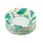 Stack of Glad Everyday palm-leaf patterned 16 oz paper bowls showing rim pattern and empty center
