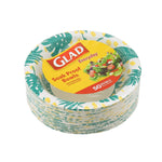 Angled view of stacked Glad Everyday palm-leaf patterned paper bowls with yellow branded label on top