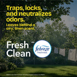 Outdoor-themed infographic showing 'Fresh Clean' with Febreze logo and copy about trapping and neutralizing odors over a yard scene.
