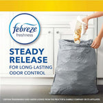 Photo-style image of a gray trash bag being filled, with Febreze freshness badge and text about steady release odor control