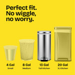 Yellow infographic showing fit comparison icons for 4, 8, 13 and 20 gallon cans with headline 'Perfect fit. No wiggle, no worry.'