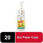Clear plastic-wrapped stack of Glad For Kids dinosaur print paper cups with product label visible