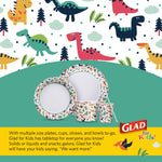 Graphic layout of dinosaur patterned plates, bowls and cups with playful dinosaur background and Glad branding