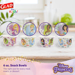 Four Glad for Kids Disney Princess 6 oz snack bowls displayed with circular callouts showing each princess design