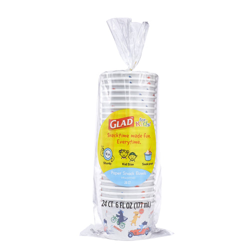 Tall clear package of Glad For Kids paper snack bowls with visible yellow product label and zoomie dogs design