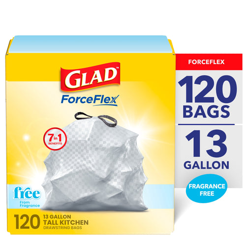 Yellow Glad ForceFlex box showing 13-gallon 120 bags branding and a tied checkered trash bag on front