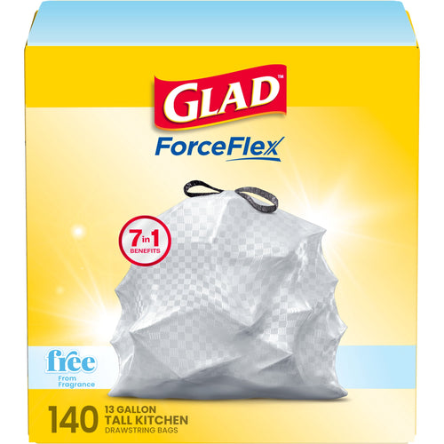 Glad ForceFlex yellow box showing a drawstring white textured 13-gallon trash bag and '140' count label
