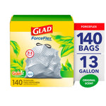 Yellow Glad ForceFlex box showing a tied patterned gray trash bag, Gain and Febreze logos, and '140 bags 13 gallon' panel.