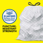 Close-up lifestyle graphic of a tied gray textured trash bag with 2-layers puncture-resistant badge on yellow background