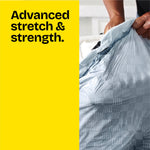 Close-up of a person holding a textured Glad ForceFlex trash bag beside bold yellow text reading 'Advanced stretch & strength.'