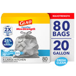Boxed Glad ForceFlex MaxStrength 20-gallon X-large trash bag packaging showing 80 bags and Fresh Clean badge.