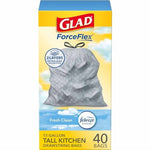 Glad ForceFlex tall kitchen trash bag packaging with gray textured bag and Febreze logo