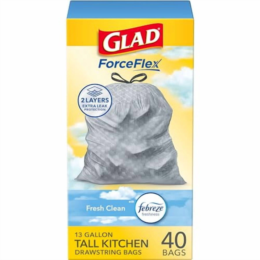 Glad ForceFlex tall kitchen trash bag packaging with gray textured bag and Febreze logo
