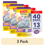 Three Glad ForceFlex boxes showing lavender-scented 13-gallon drawstring trash bags with Gain logo