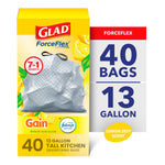 Glad ForceFlex 13-gallon tall kitchen trash bag box with Gain lemon zest and Febreze logos and '40 bags' callout