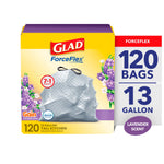 Glad ForceFlex 13-gallon lavender-scented trash bag box with Gain and Febreze logos and floral accents.