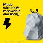 Yellow panel stating 'Made with 100% renewable electricity' alongside a tied Glad ForceFlex trash bag and lightning icon.