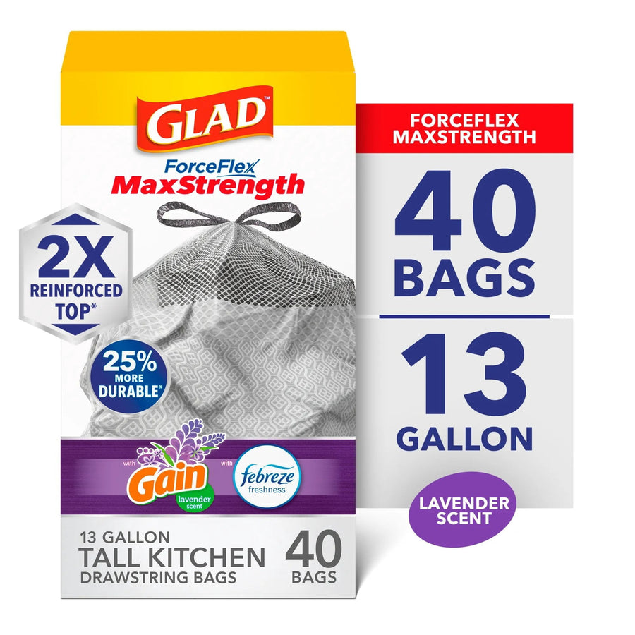 Glad ForceFlex MaxStrength lavender-scented 13-gallon tall kitchen drawstring bag packaging with large '40 bags' callout