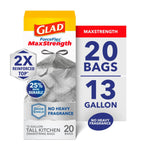 Glad ForceFlex MaxStrength packaging showing 13 gallon, 20 bags and OdorShield callouts