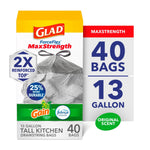 Front-of-box product image of Glad ForceFlex MaxStrength 13-gallon drawstring trash bags with Gain and Febreze logos and large '40 bags' callout.