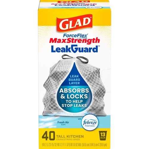 Front of Glad ForceFlex MaxStrength LeakGuard 13-gallon tall kitchen drawstring bag box, showing Febreze badge and 'Absorbs & Locks' droplet graphic.