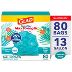 Glad ForceFlex MaxStrength box front showing teal drawstring trash bag and 80 bags callout