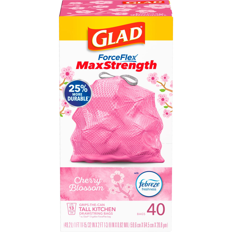 Front-facing Glad ForceFlex MaxStrength Cherry Blossom box showing pink drawstring bag artwork and 40-bag label.