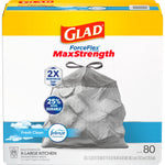 Front-facing Glad ForceFlex MaxStrength box with a tied trash bag image and Febreze Fresh Clean label, showing 80 bags and product branding.