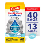 Glad ForceFlex MaxStrength LeakGuard 13-gallon tall kitchen trash bag box showing 40 bags and Fresh Air Febreze badge