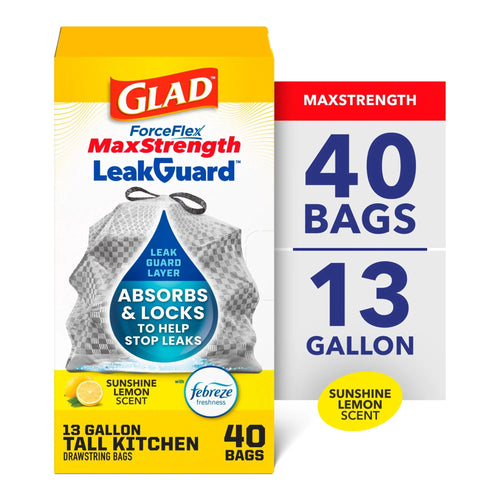 Glad ForceFlex MaxStrength LeakGuard 13-gallon tall kitchen trash bag package with lemon and Febreze branding and 40 bags callout