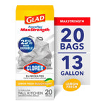 Front-facing product box for Glad ForceFlex MaxStrength kitchen bags with Clorox logo and large “20 bags 13 gallon” callout.
