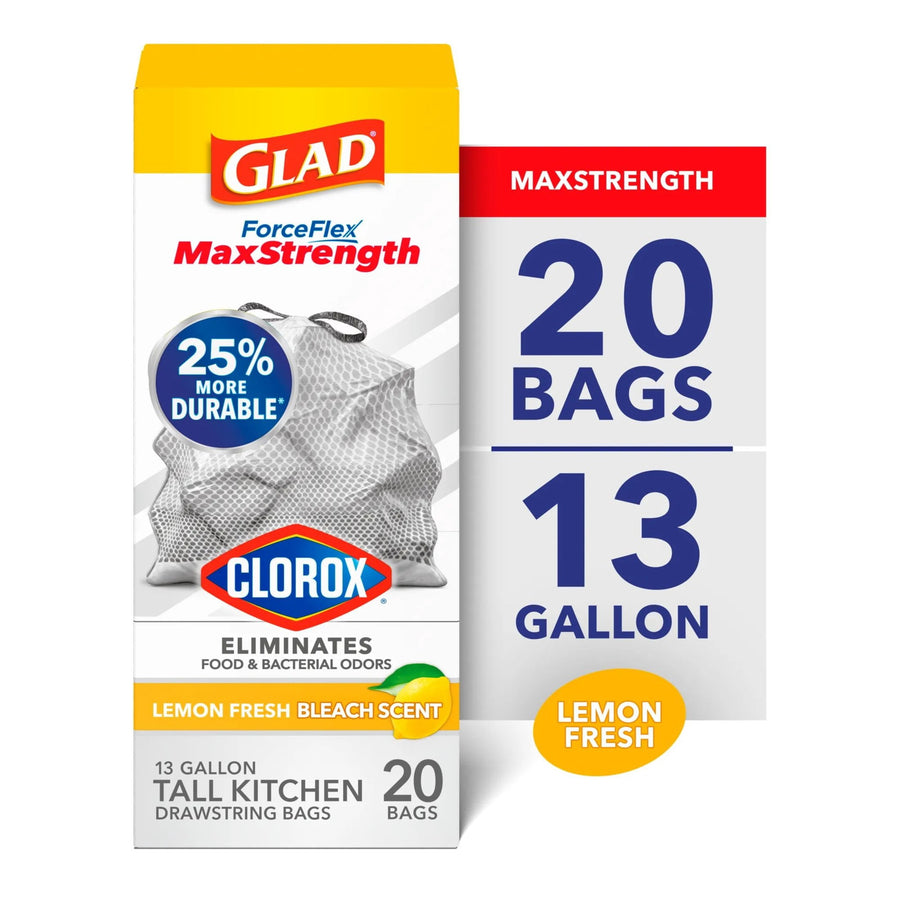 Front-facing product box for Glad ForceFlex MaxStrength kitchen bags with Clorox logo and large “20 bags 13 gallon” callout.