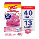Glad ForceFlex MaxStrength pink cherry blossom trash bag packaging with large '40 bags' and 13 gallon callouts