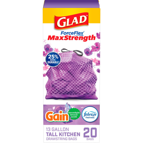 Front of Glad ForceFlex MaxStrength purple 13-gallon drawstring bag packaging with Gain and Febreze logos and 20 bags callout.