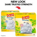 Two Glad ForceFlex yellow boxes side-by-side with an arrow and text 'New look same trusted strength', showing tied gray trash bag artwork.
