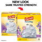 Two Glad ForceFlex product boxes shown side-by-side with headline 'NEW LOOK SAME TRUSTED STRENGTH' and lavender graphics.