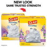 Two Glad ForceFlex boxes showing new look comparison with lavender florals and a silver textured trash bag illustration.