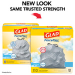 Two Glad ForceFlex boxes side-by-side with a ‘New Look’ headline and imagery of a gray patterned drawstring trash bag on each box.