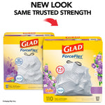 Two Glad ForceFlex packaging boxes side by side with text 'New look same trusted strength' and lavender accent graphics.