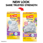 Comparison graphic showing Glad ForceFlex packaging old and new designs for Gain lavender scented tall kitchen trash bags