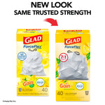 Two Glad ForceFlex product boxes side-by-side showing new and previous packaging with 'new look' header