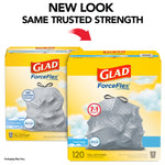 Two Glad ForceFlex package boxes showing new look packaging and a grey patterned trash bag with Febreze badge