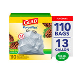 Boxed Glad ForceFlex 13-gallon tall kitchen trash bags with Pine-Sol branding and 110 bags callout