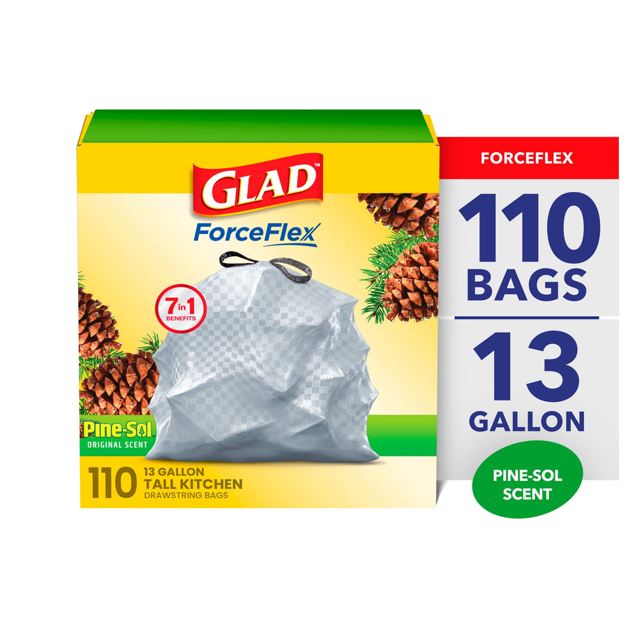 Boxed Glad ForceFlex 13-gallon tall kitchen trash bags with Pine-Sol branding and 110 bags callout