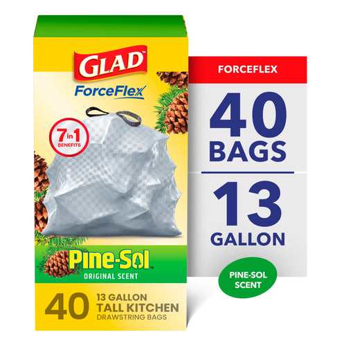 Glad ForceFlex Pine-Sol scented 13-gallon tall kitchen trash bag packaging with 40 bags callout