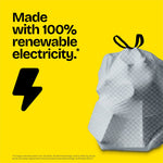 Yellow panel showing a tied Glad ForceFlex patterned trash bag and claim about being made with 100% renewable electricity