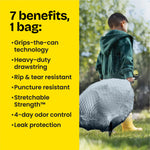 Split graphic listing seven benefits of the bag beside an image of a grey patterned trash bag being carried outdoors