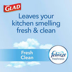Light blue graphic with Glad logo and text promoting a kitchen that smells fresh & clean with Febreze badge