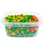 Front-facing clear Glad rectangle food container filled with peas, corn and carrot slices under a fitted clear rim.